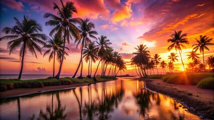 Obraz premium Silhouetted Palm Trees at Sunrise over Tropical Paradise Beach and River