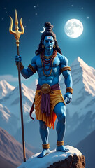 God Shiva with golden trident is standing atop of Kailash mountain set against starry night sky with a full moon
