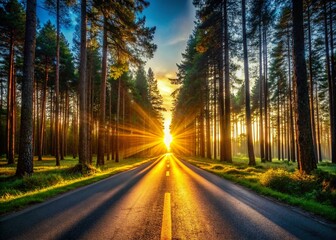 Obraz premium Silhouetted Summer Road: Sunlit Forest Path at Sunset