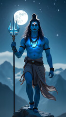 Lord Shiva stands on a rocky peak under a starry sky, surrounded by serene mountains, holding a glowing trident in his hand