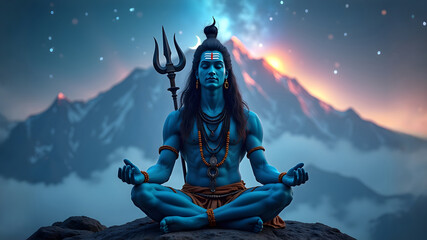 Lord Shiva with blue skin and sacred ornaments, sits on a rock, immersed in meditation