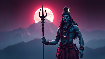 Mystical figure of Lord Shiva with a trident in his hand set against mount Kailas and full moon