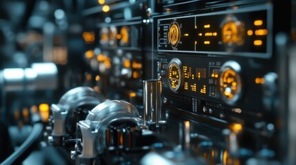 Fototapeta premium Complex machinery interface displaying real time data and performance metrics, utilizing advanced technology for efficient industrial operations and process control in a futuristic setting