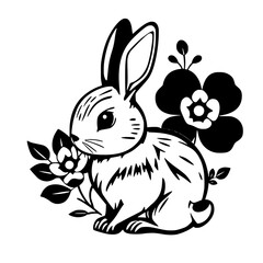 Adorable Black and White Rabbit with Flowers: A Cute Springtime Graphic Design