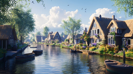 Tranquil canals and charming thatched roof houses in the picturesque town of giethoorn, netherlands. Enchanted River. Illustration