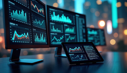 Multiple computer screens show financial data analytics. Graphs, charts display trends, performance. Tablet shows similar data. Pro workspace shows data analysis tools. Business planning, investment