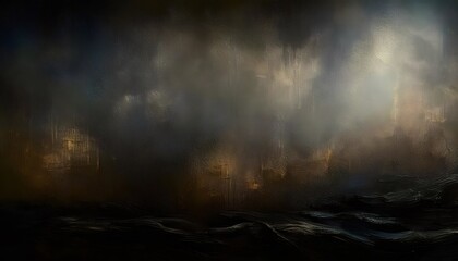 Dark and moody abstract seascape painting with an aged texture, creating a dramatic and evocative atmosphere