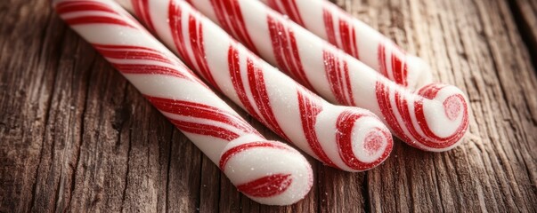 Peppermint candy canes on rustic wooden surface