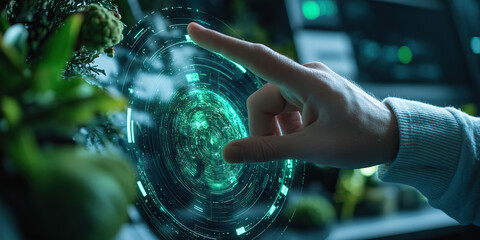 Human Hand Interacting with Holographic Global Data Interface