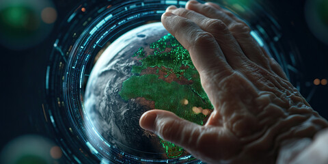 Weathered Hand Interacting with Digital Earth Globe
