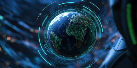 Digital Globe with Teal Data Rings and Global Network Points