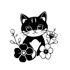 Adorable Black Kitten Amidst Flowers: A Charming Pet Illustration