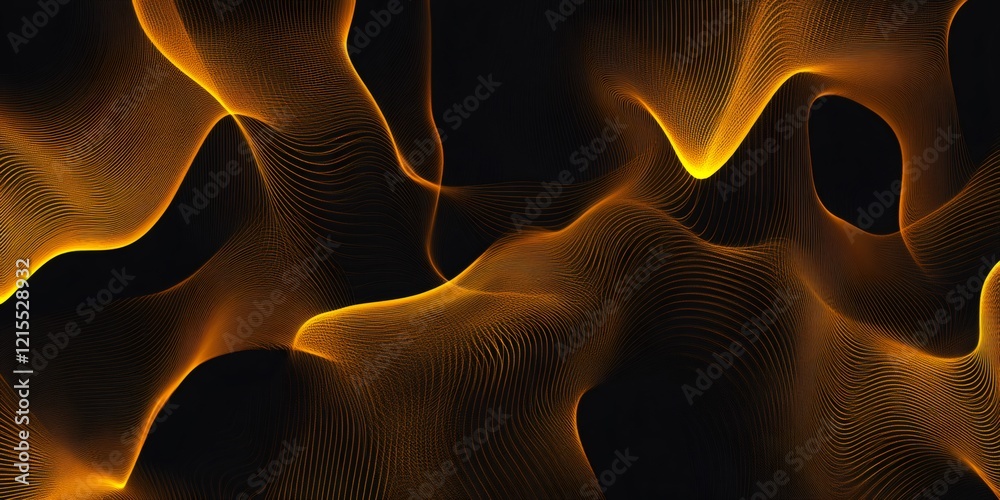 Poster golden lines flowing and creating waves on a black background, abstract design useful for background