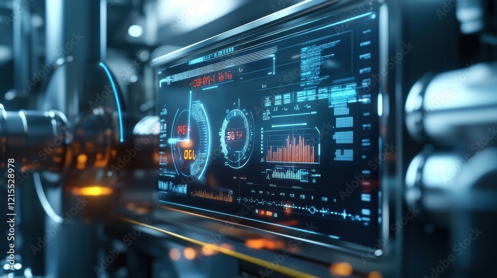 Poster sophisticated control panel displaying real time data and metrics, managing complex industrial proce