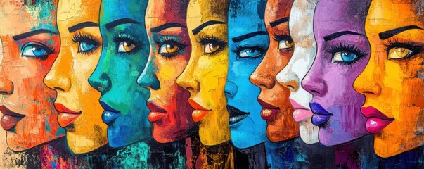 Obraz premium Vibrant multicolored faces of diverse young women in profile view