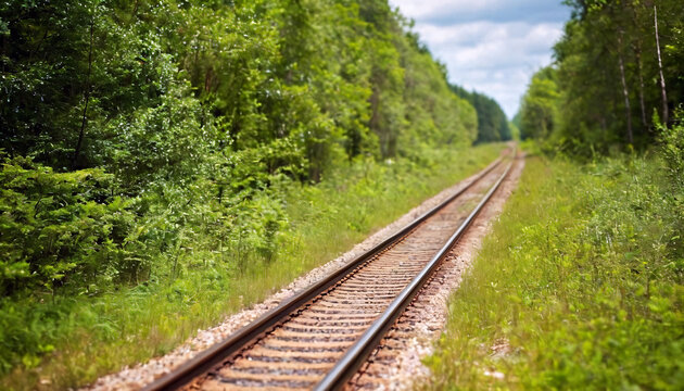 tilt shift nature photography beautiful railway track in forest with vibrant color and lush greenery