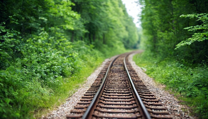 Fototapeta premium tilt shift nature photography beautiful railway track in forest with vibrant color and lush greenery
