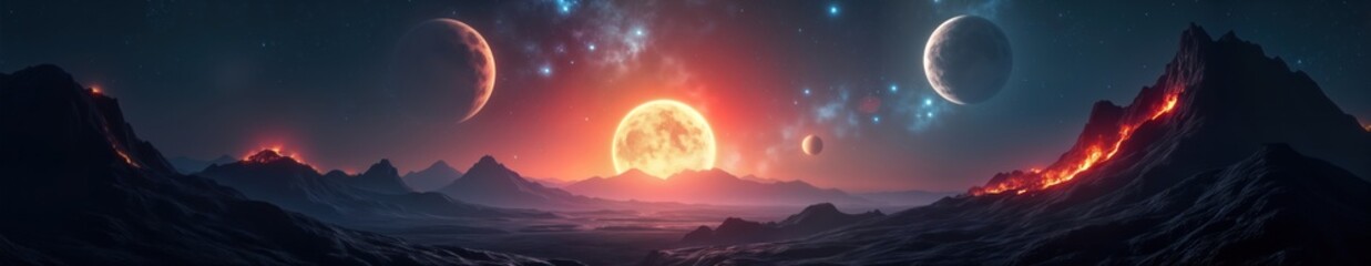 Fototapeta premium Fantastic galactic landscape view. Volcanic mountains with lava flows in foreground. Multiple celestial bodies including large orange sun, planets in distant sky. Alien landscape of distant world.