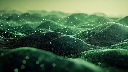 Abstract landscape with green hills and glowing particles in the air, creating a digital feel