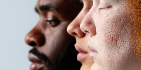 Obraz premium Close-up Profile View of Three Faces Showing Skin Tone and Texture Variations