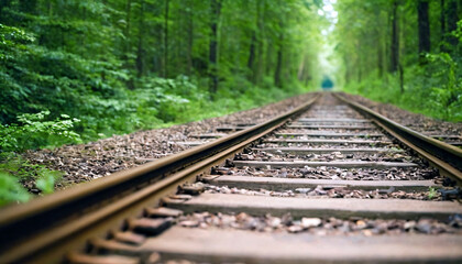 Fototapeta premium tilt shift nature photography beautiful railway track in forest with vibrant color and lush greenery