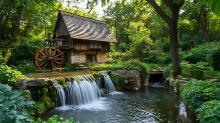 picturesque wooden watermill wheel