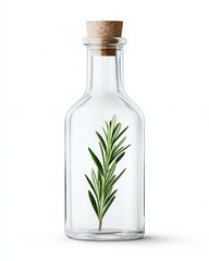 Isolate for advertising Glass bottle with fresh rosemary inside.