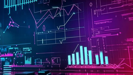 Vibrant digital graphs overlay neon-lit backdrop.Colorful displays show various statistical data and business analytics visibly.image captures essence modern analysis technology active glowing - Powered by Adobe