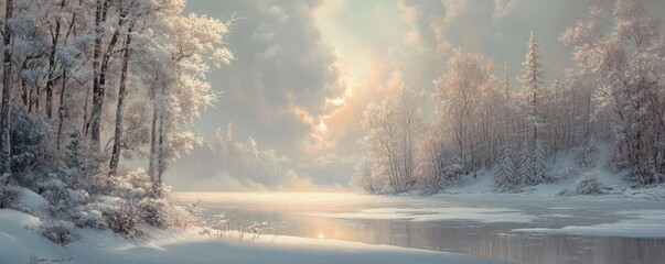 Fototapeta premium Serene winter landscape with snowy trees and icy river at sunrise