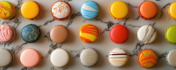 Obraz premium Assorted colorful macarons on marble background