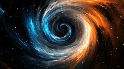 Obraz premium Abstract swirling vortex of orange, blue, and white paint on a black background with stars.