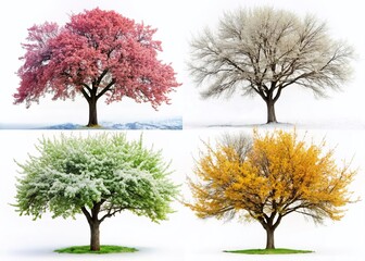Silhouette of Plum Tree Through Four Seasons - Spring, Summer, Autumn, Winter - White Background