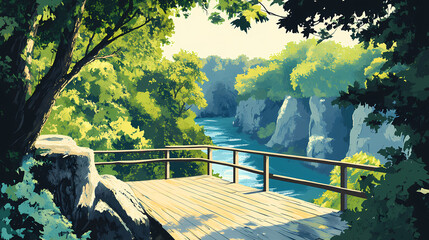 Fototapeta premium Elevated wooden platform overlooking a serene river valley, nestled amongst lush green trees and cliffs. Enchanted River. Illustration