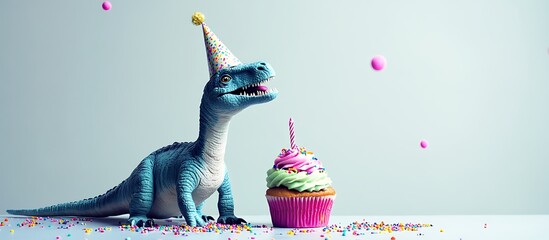 A dinosaur with a birthday hat, sitting next to a cupcake decorated with vibrant frosting and sprinkles, against a simple neutral background, perfect for a playful kids' party.