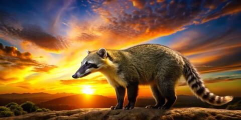 Silhouette of South American Coati at Sunset, Wildlife Photography