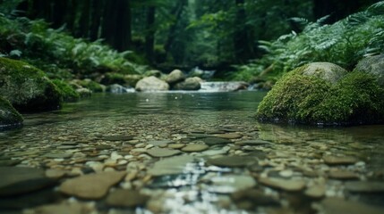 A tranquil forest stream flows over smooth pebbles, surrounded by dense foliage, inviting serene reflection and connection to nature.