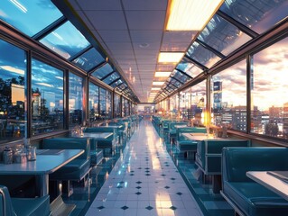 Fototapeta premium Nostalgic twilight diner scene with vintage led signs and warm decor urban setting soft lighting gigapixel quality