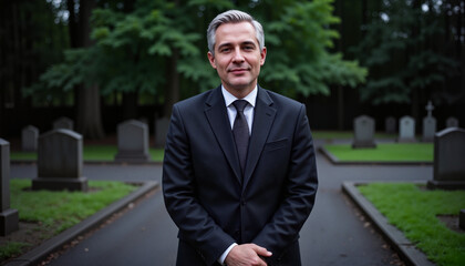 Elderly man in black suit standing confidently in serene cemetery, reflective mood