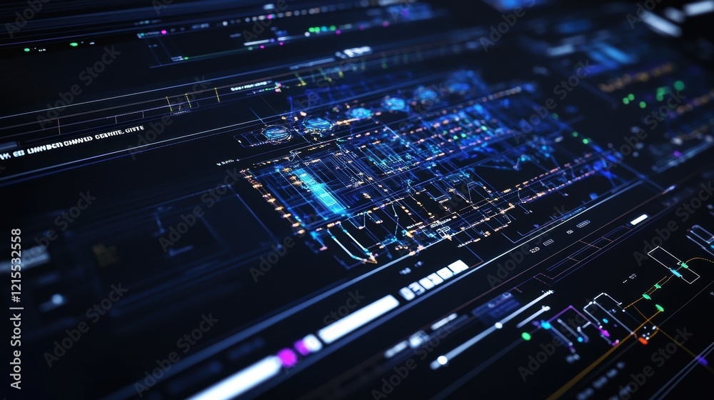 Poster futuristic interface showcasing complex data analysis, building schematics, and technical informatio