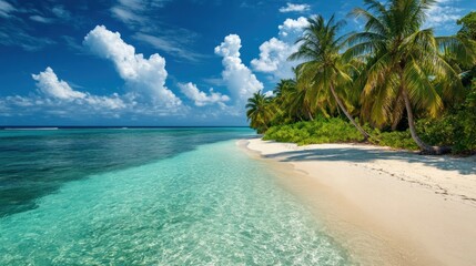 Fototapeta premium Tropical Paradise: Idyllic Beach Scene with Palm Trees and Crystal Clear Waters