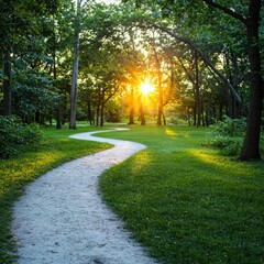 Obraz premium Tranquil pathway through lush trees at sunset nature landscape peaceful ambiance vibrant glow dynamic viewpoint for relaxation
