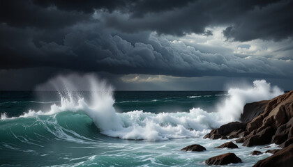 Obraz premium Dramatic ocean waves crashing against rocky coastline under stormy sky