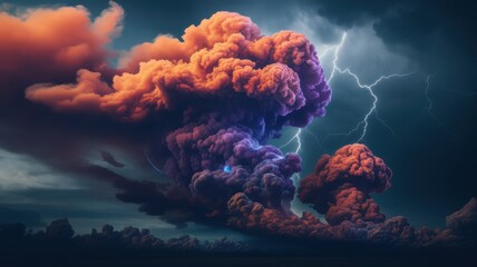 A dramatic sky filled with vibrant orange and purple thunderstorm clouds, illuminated by flashes of lightning during a captivating atmospheric event.