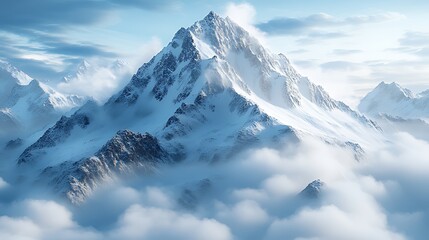 Snowy peak above clouds, mountain range, sunrise, travel poster