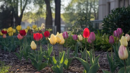 A vibrant array of tulips in various colors, including red, yellow, and purple, bloom in a lush garden during golden hour.