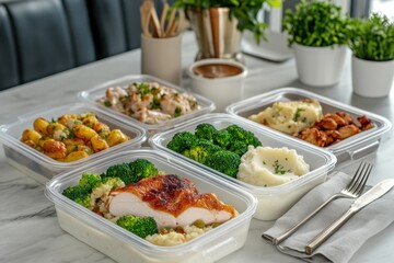 Multiple meal prep containers are filled with a variety of healthy food options, including chicken, broccoli, and potatoes, promoting a balanced diet and convenient meal planning