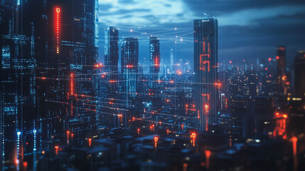 Fototapeta premium Smart digital Innovation city with connection network reciprocity over the twilight cityscape. of future smart wireless digital city and social media networking systems that connects people with city