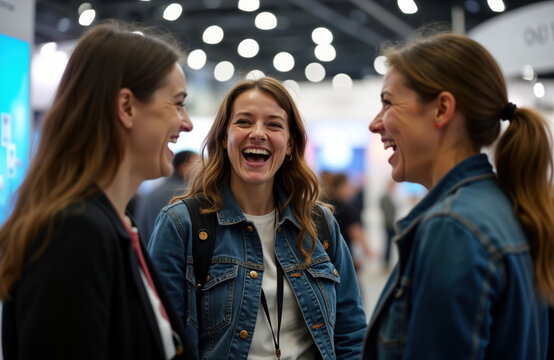 Three women in business casual wear laugh, chat at exhibition booth. Enjoying post-fair gathering. Indoor setting. Happy expressions. Modern style. Friendly conversation. Group interaction. Positive