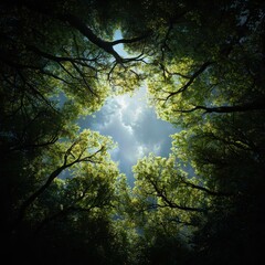 Fototapeta premium Cascading branches above a luminous forest floor bird's eye view nature scene dreamlike environment capturing rich textures