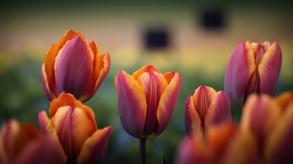 Fototapeta premium A vibrant display of orange and pink tulips blooming amidst a colorful field, creating a cheerful and serene atmosphere.
